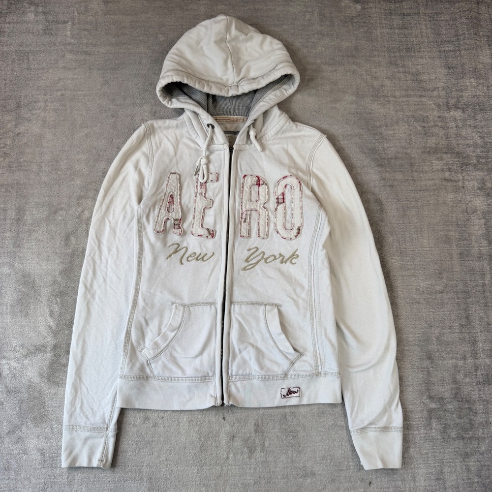 Aeropostale Sweatshirt Women Small White Spell Out Applique Y2K Full Zip Hoodie
